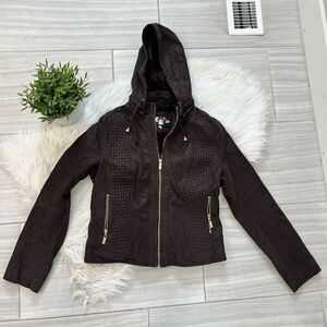 CP Sports Brown Zip Up Hooded Pleather Jacket